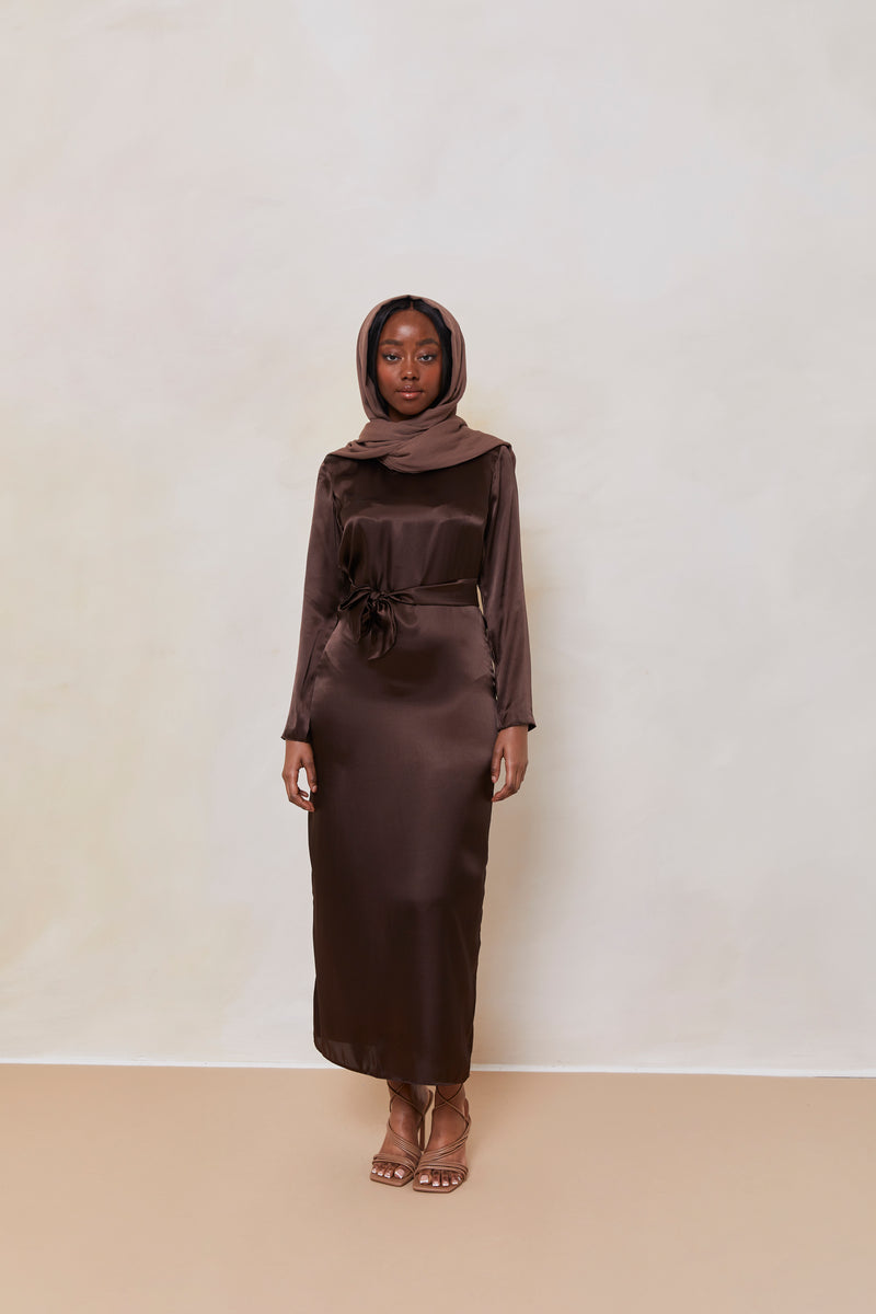 Long Sleeve Satin Slip Dress in Cocoa Brown