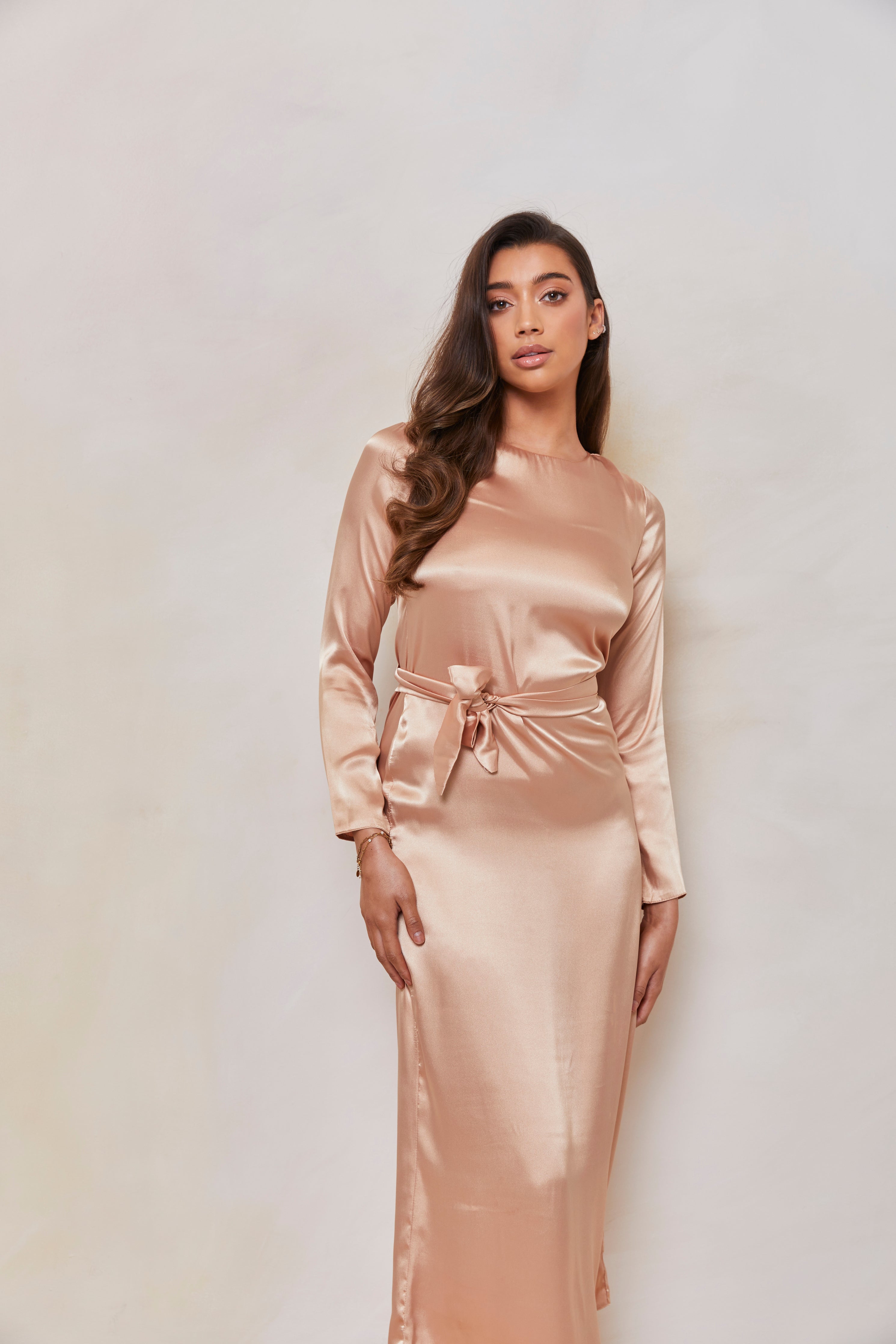 Long Sleeve Satin Slip Dress in Golden Beige – Hijabglamour