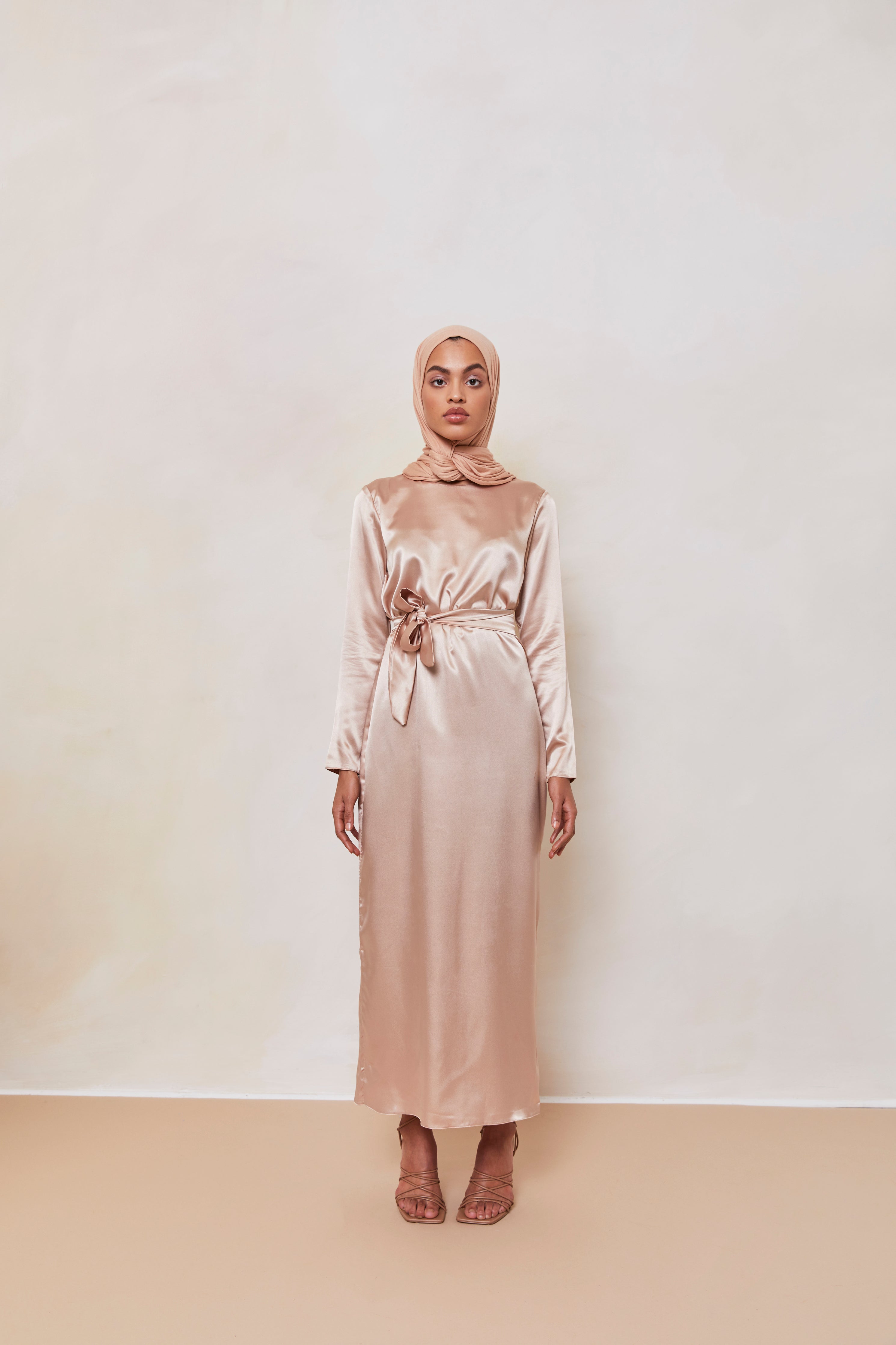 Long Sleeve Satin Slip Dress in Bisque – Hijabglamour