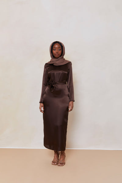 Maxi Silk Dress Brown Satin Slip Long Sleeve Satin Slip Dress In Cocoa Brown   Hijabglamour