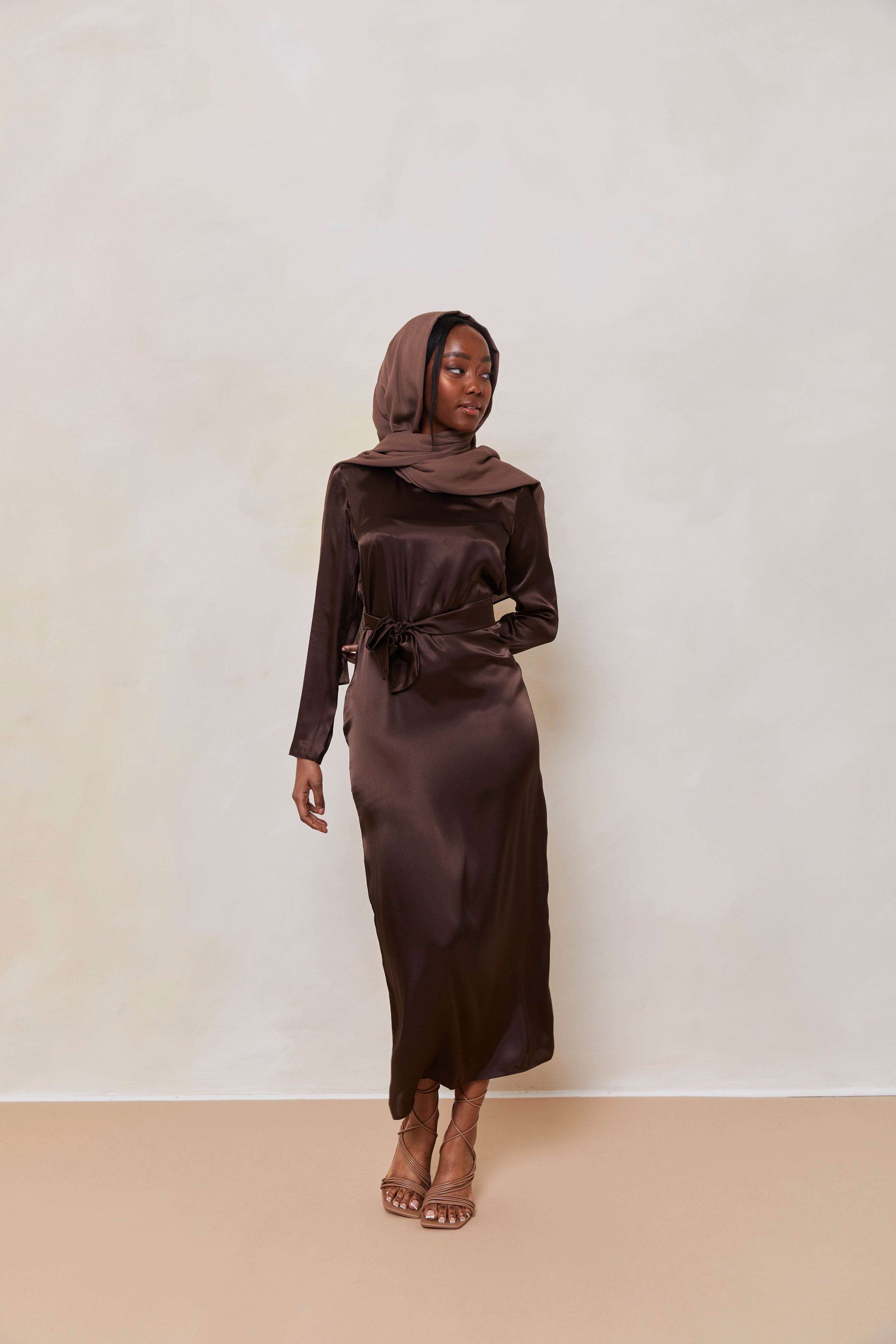 Long Sleeve Satin Slip Dress in Cocoa Brown