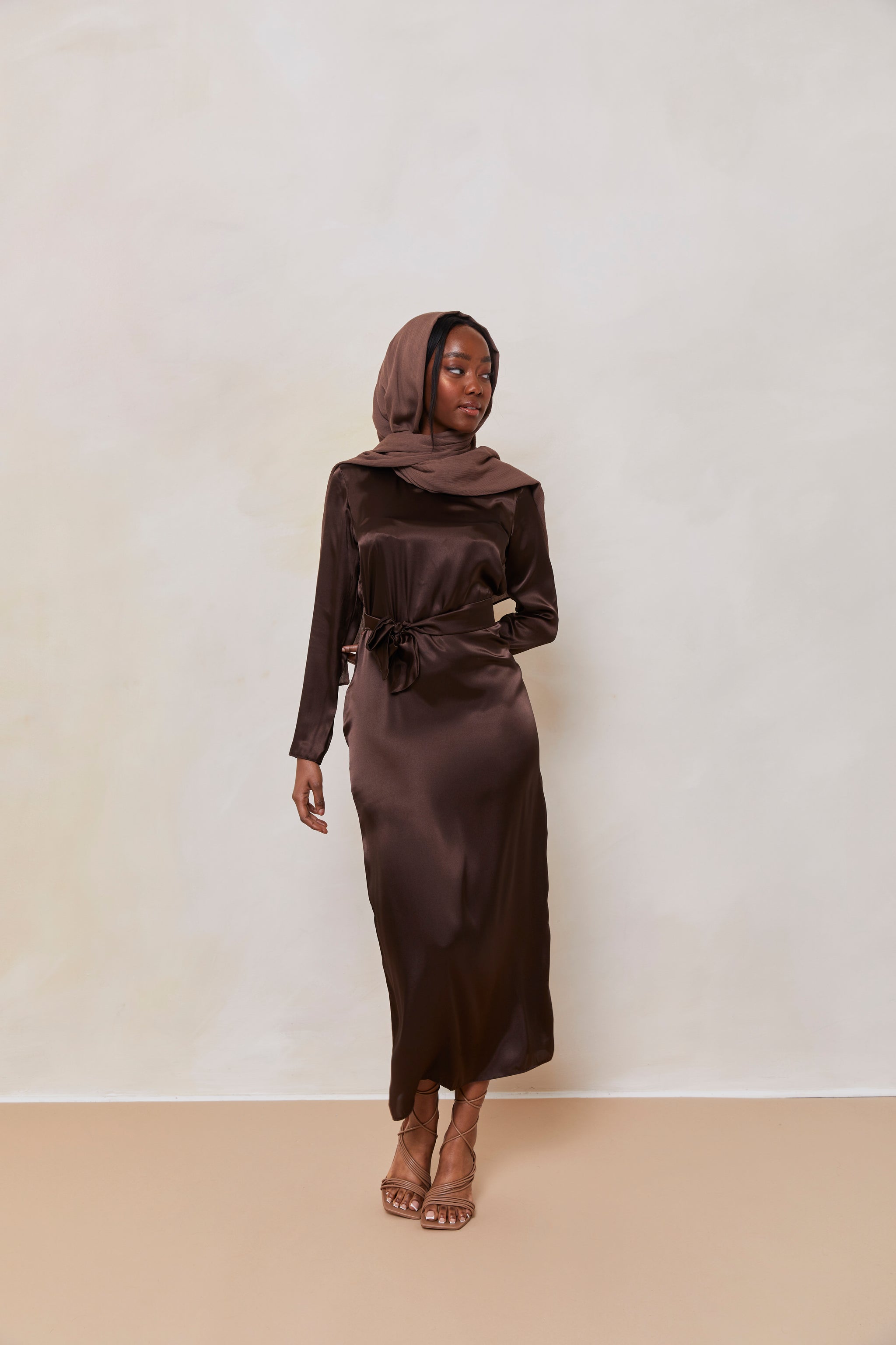 Long Sleeve Satin Slip Dress in Cocoa Brown Hijabglamour Long Sleeve Satin Slip Dress in Cocoa Brown Hijabglamour