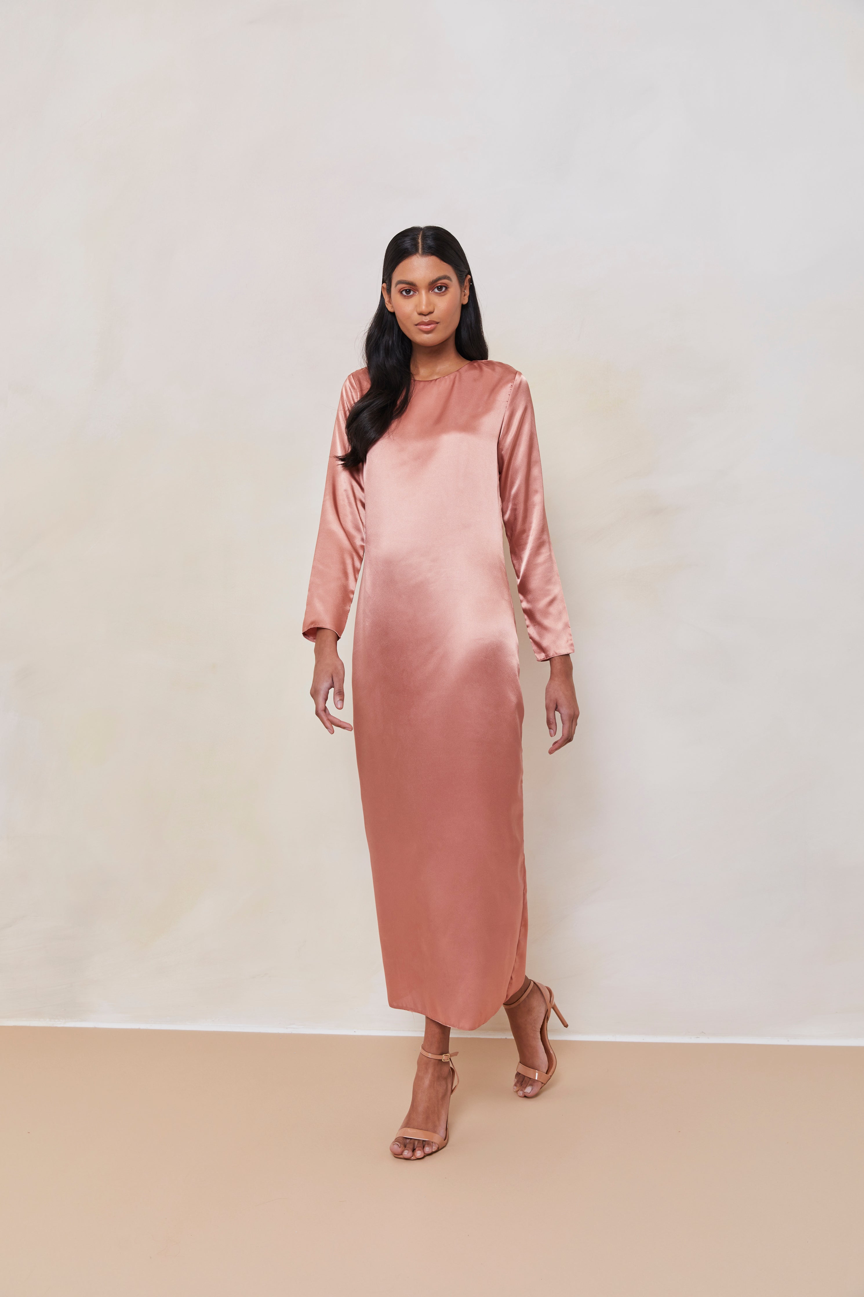 Long Sleeve Satin Slip Dress in Chestnut Rose