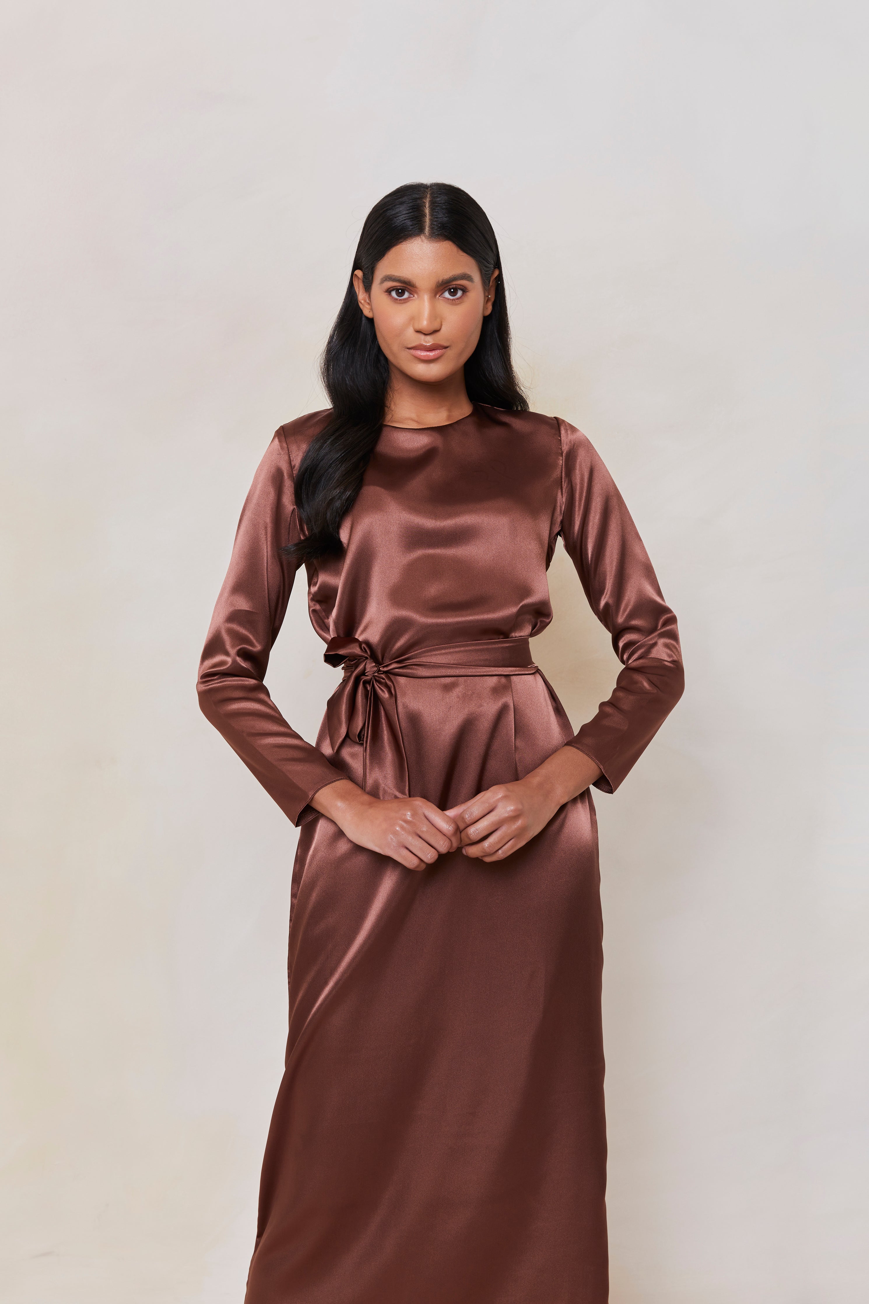 Long Sleeve Satin Slip Dress in Chestnut Brown