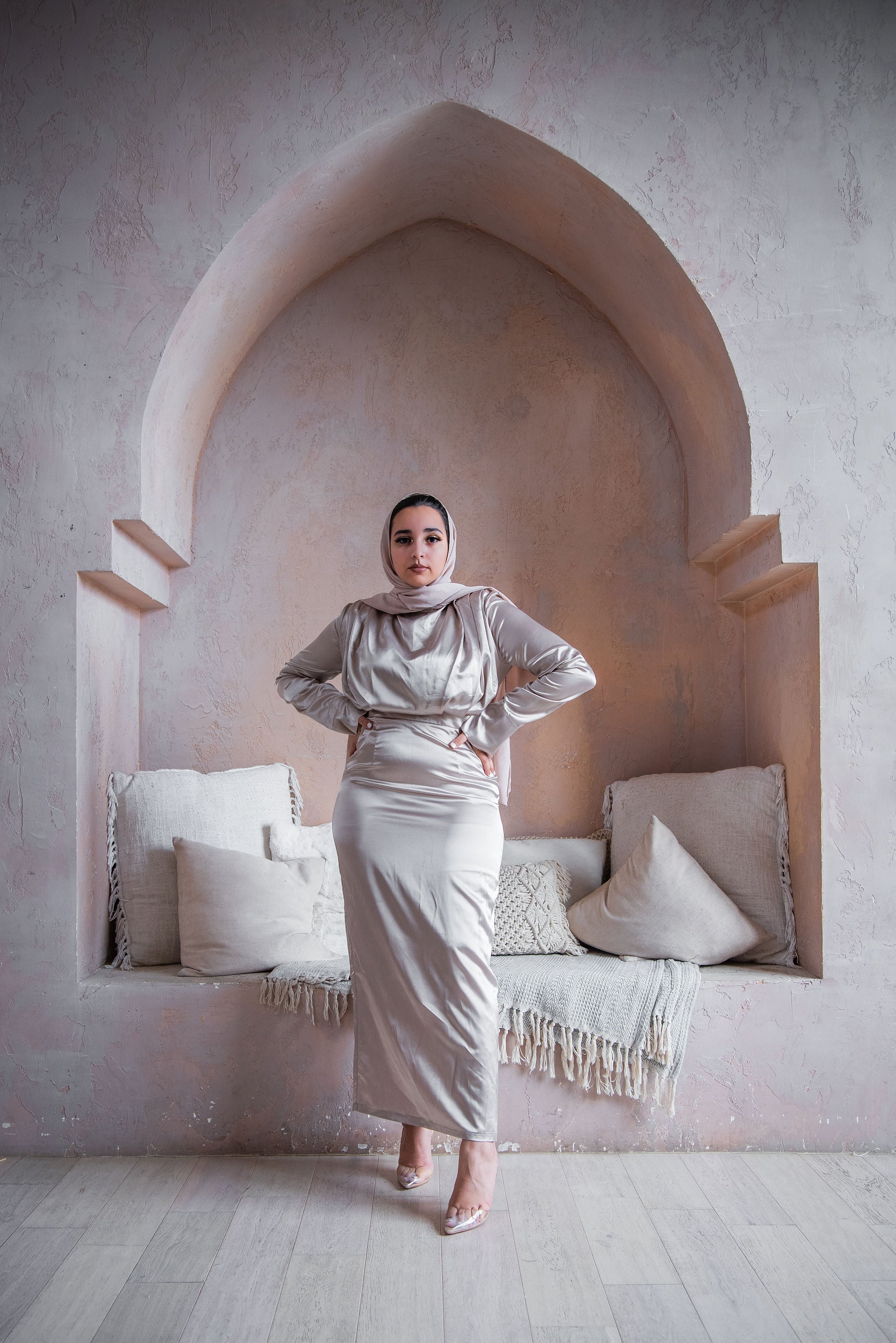 Alaina Satin Dress in Oyster Hijabglamour Alaina Satin Dress in Oyster Hijabglamour