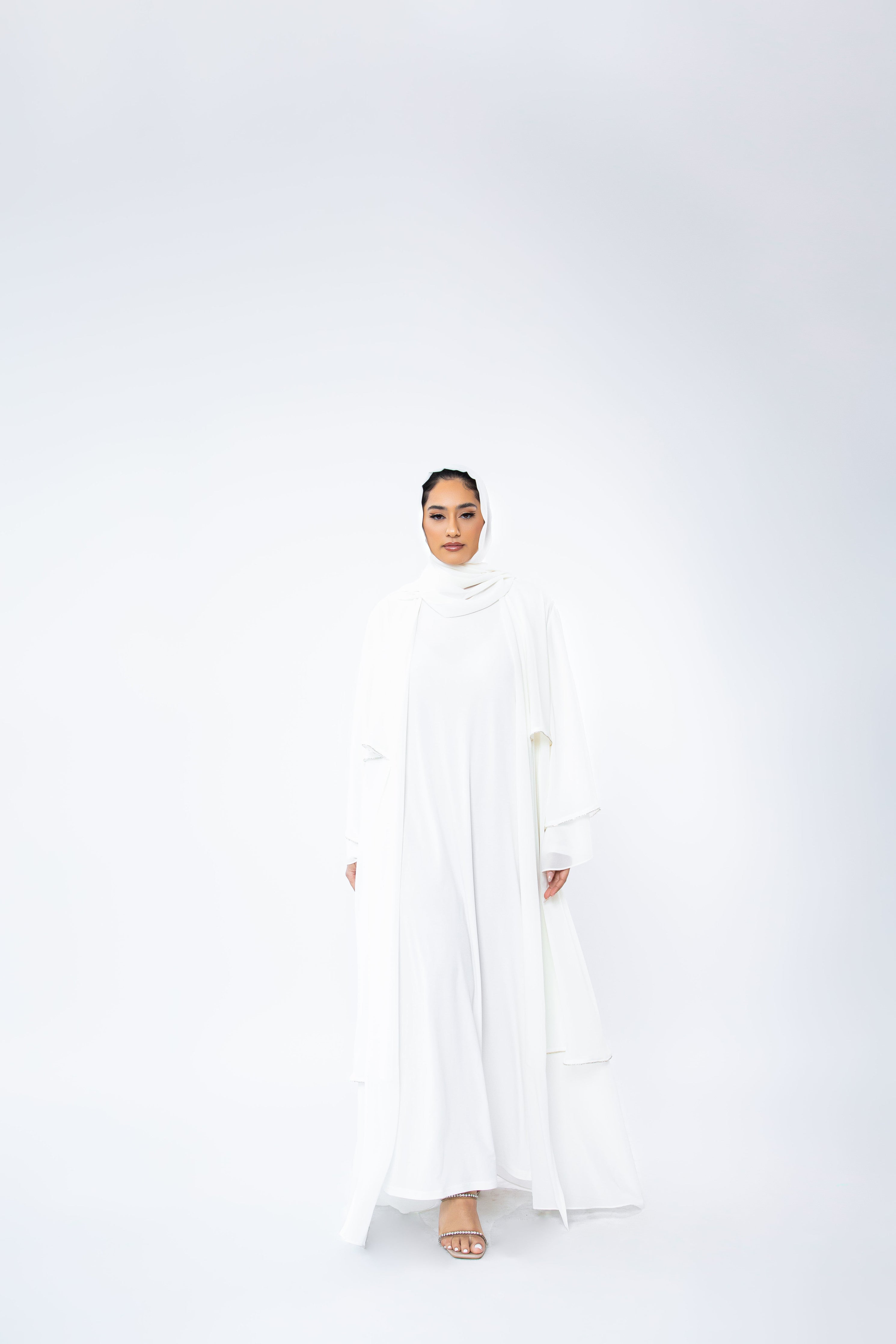 White Crystal Layered Chiffon Abaya (includes matching hijab)