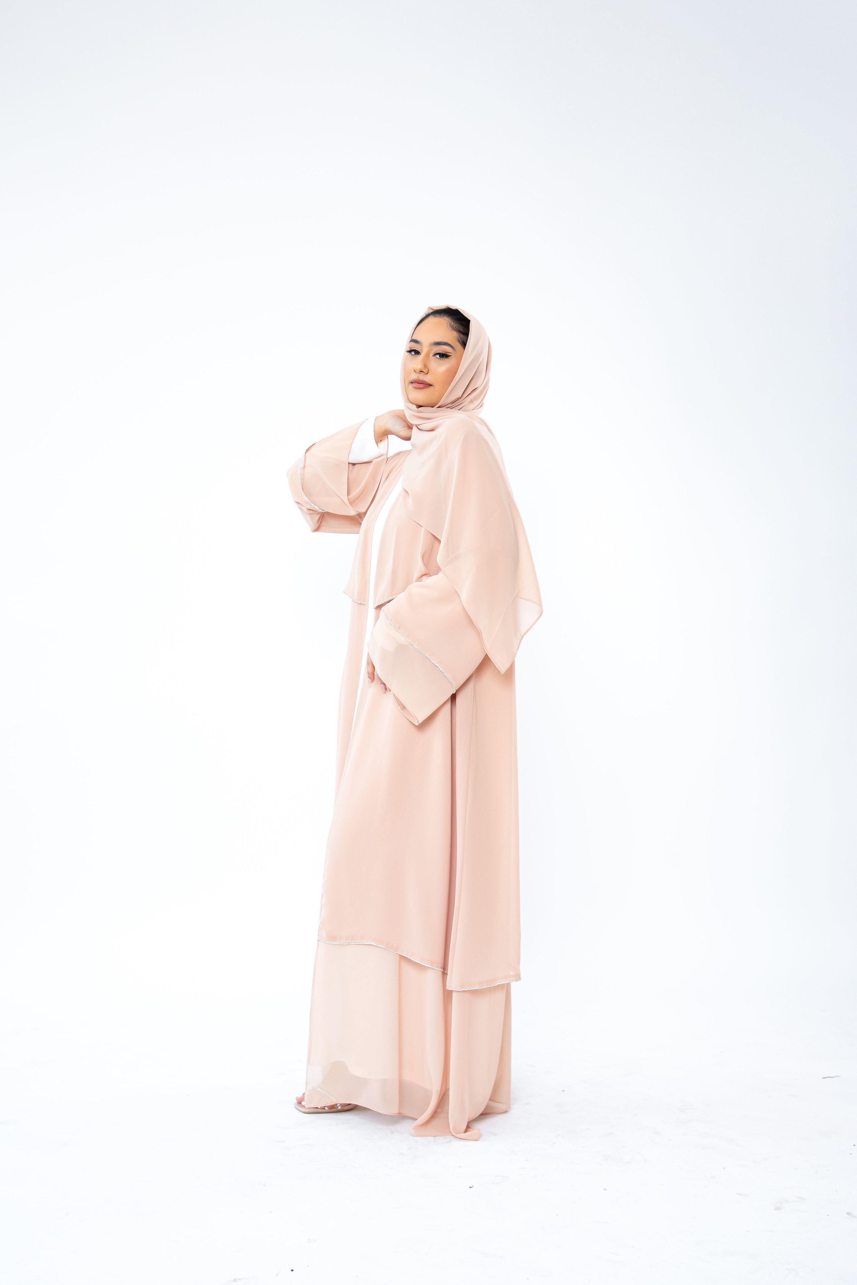 Nude Crystal Layered Chiffon Abaya (includes matching hijab)