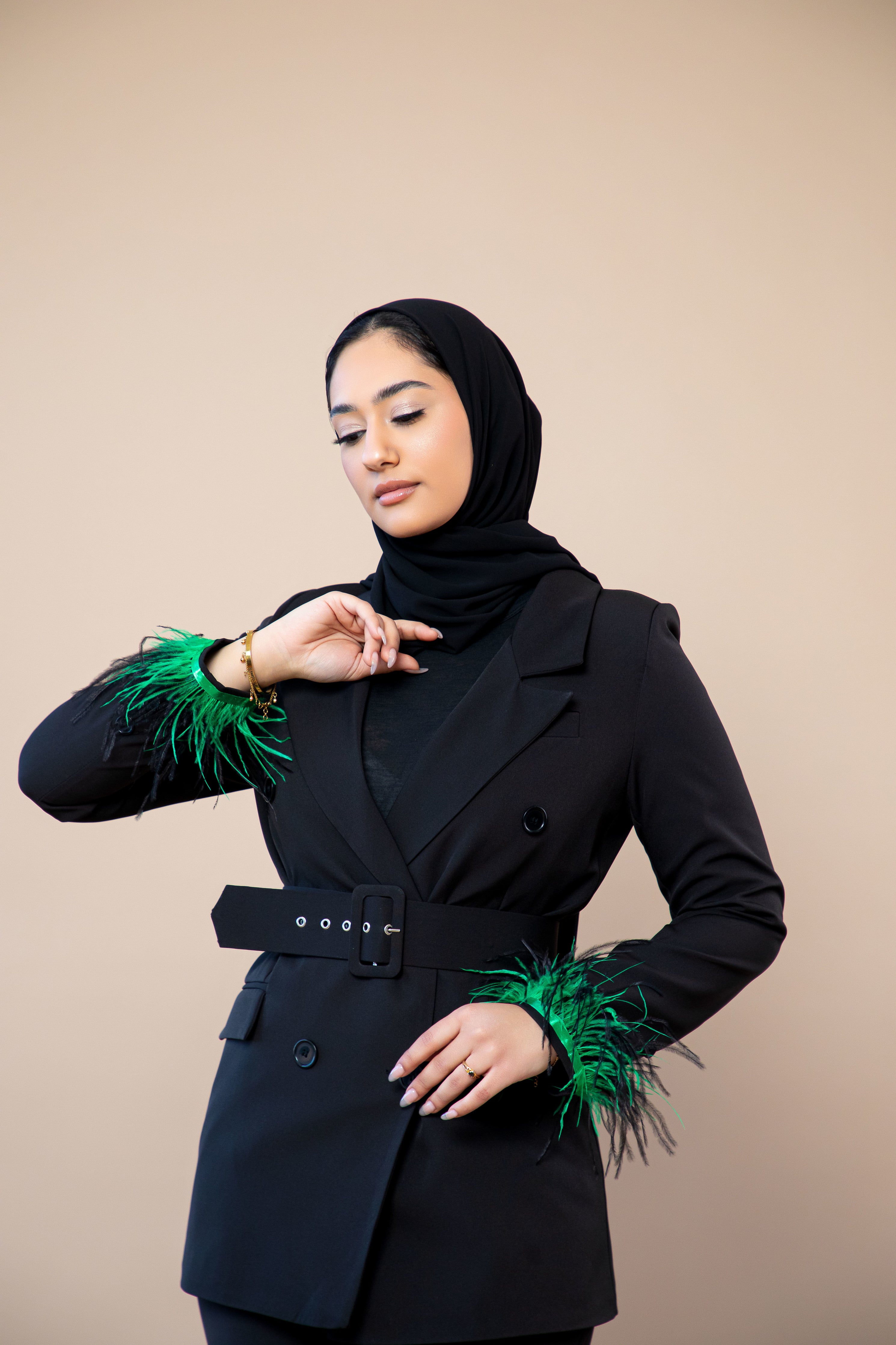 Feather Belted Suit in Black/Green