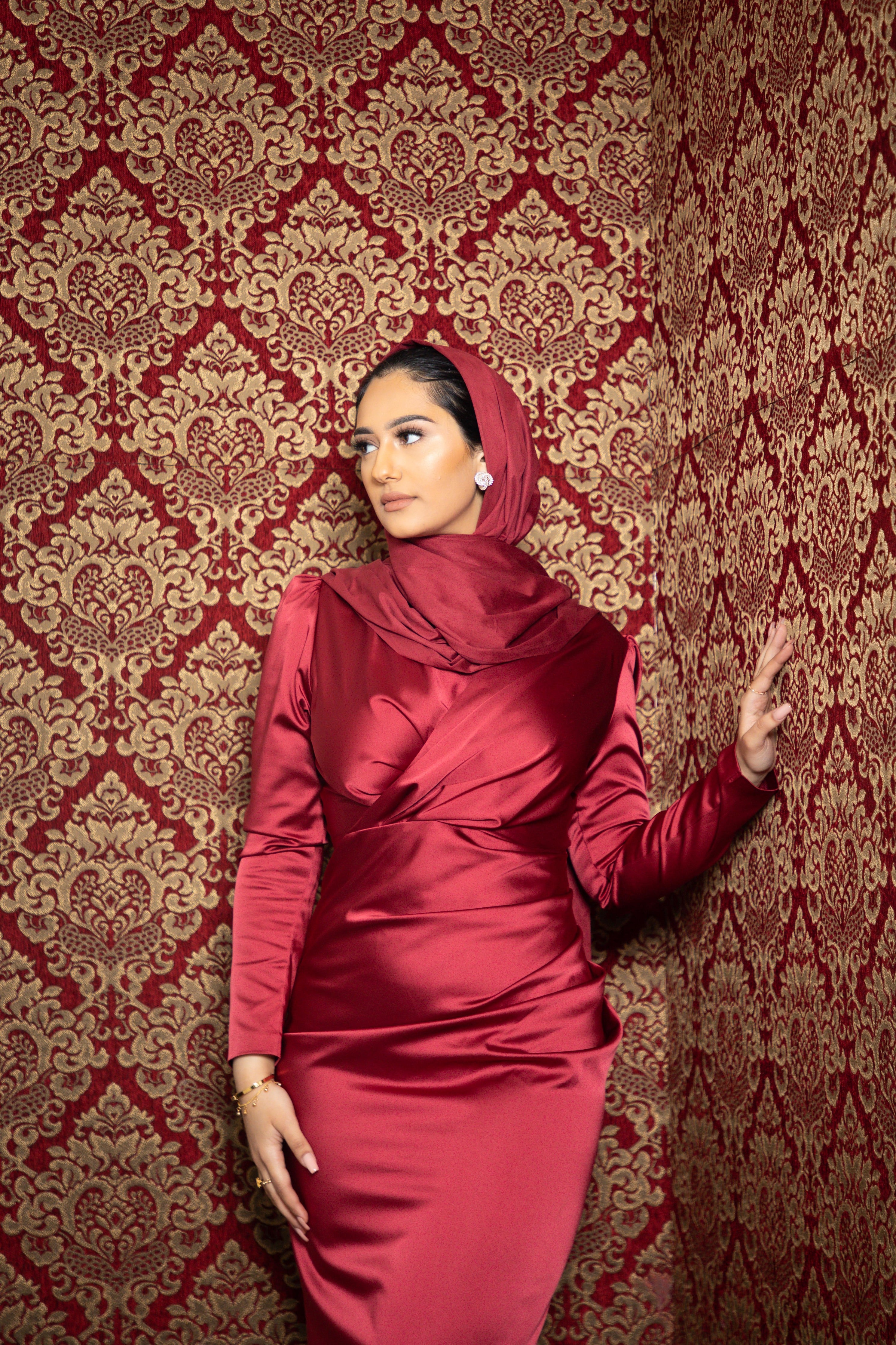 satin dresses for hijabis Samra Satin Dress in Burgundy – Hijabglamour