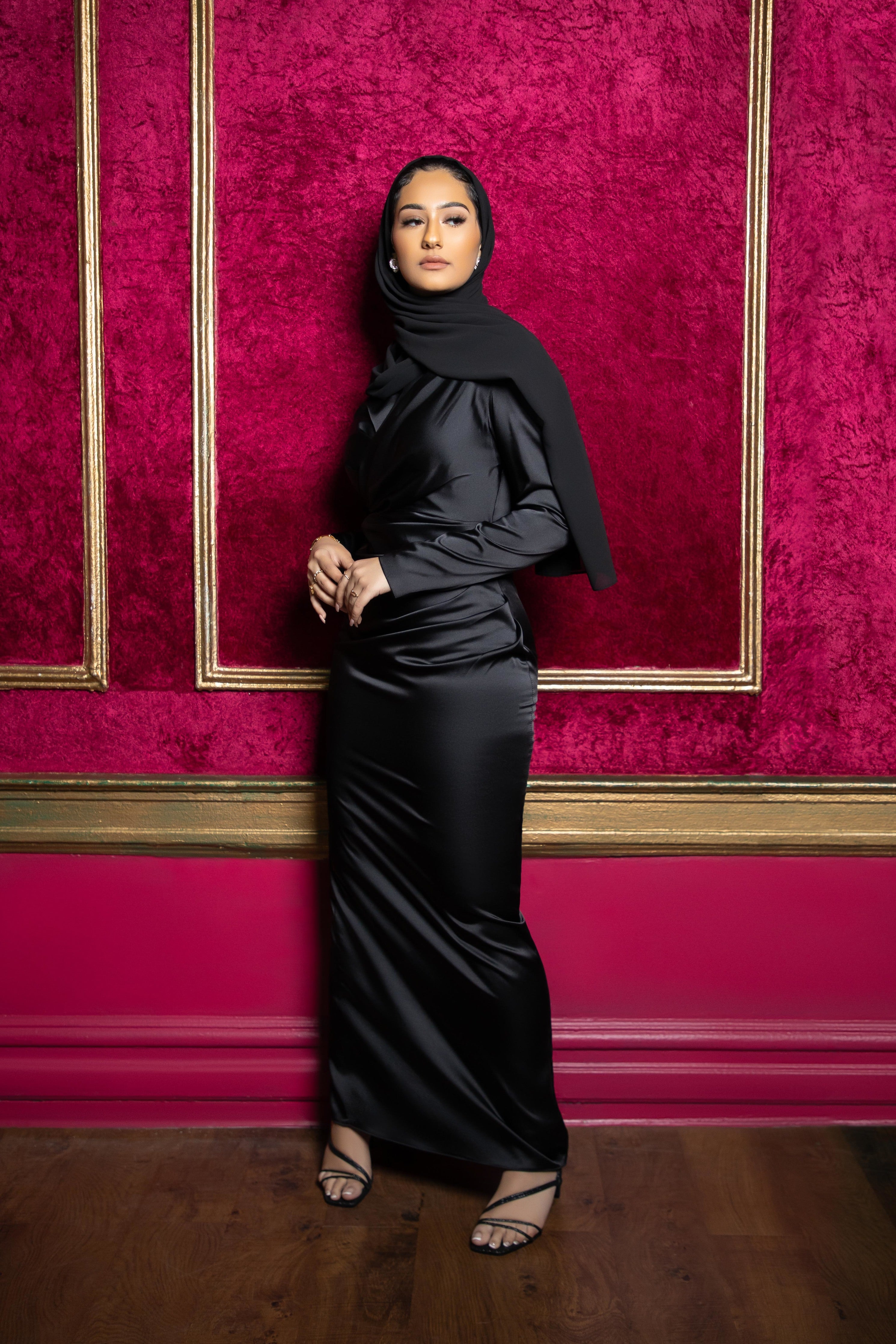 Samra Satin Dress in Black Hijabglamour Samra Satin Dress in Black Hijabglamour