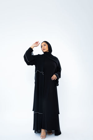Open image in slideshow, Black Crystal Layered Chiffon Abaya (includes matching hijab)
