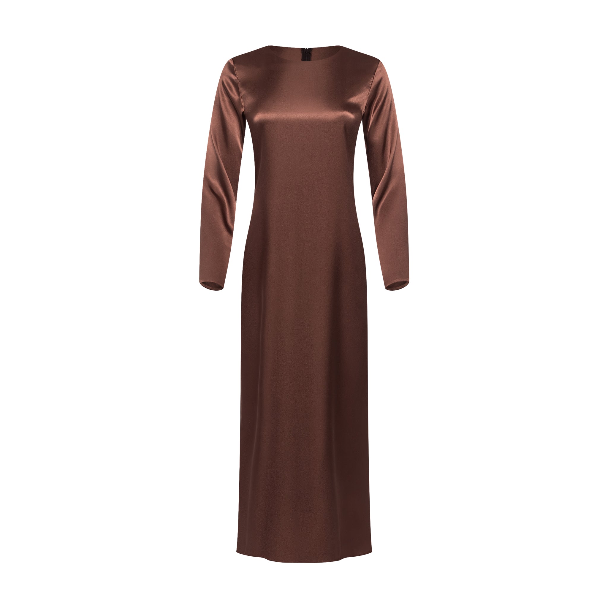 Long Sleeve Satin Slip Dress in Chestnut Brown